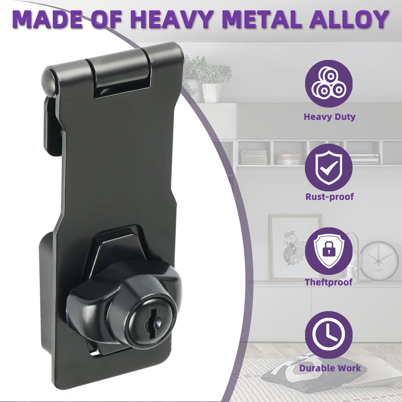Alise Keyed Hasp Lock,4 Inch Safety Packlock Clasp Hasps Latch,Black Door Hinge Lock with Keys Keyed Locking Hasps for Cabinet,Closet,Drawer, Barn,Fence,Garage Doors 4 Inch Black