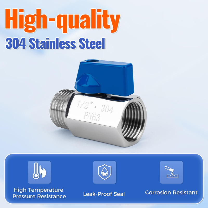2 Pack 1/2" Mini Ball Valve, 304 Stainless Steel Water Flow Control Male x Female NPT Threaded Shut-Off Drain Valves with Quarter Turn Operation 1/2 Inch