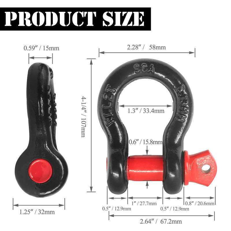2 Pcs Shackles 1/2" D Ring Shackle 12 Ton (26,455 lbs) Maximum Break Strength with 5/8" Pin for Tow Strap Winch Off Road Vehicle Recovery 1/2 Inch Black & Red 2