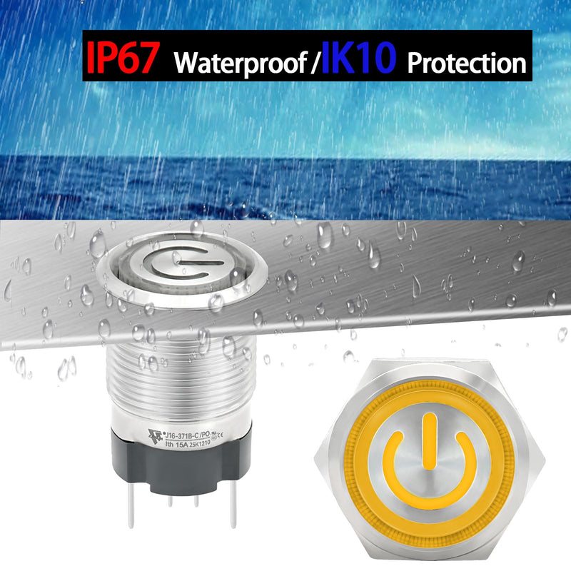 UL Listed 15Amp 16mm Latching Push Button Switch 12V-24VDC IP67 Waterproof; SPST 1NO, with LED Angel Eye Light; Stainless Steel 304 with Wire Socket Blue Latching, 12V-24V 5