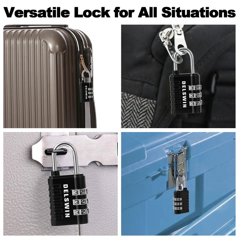 DELSWIN Combination Lock 3-Digit Small Padlock - 4Pcs Resettable Combo Lock for School Gym Locker, Outdoor, Fence, Gate, Waterproof Luggage Locks for Travel Backpack Charcoal Black 4 Pieces