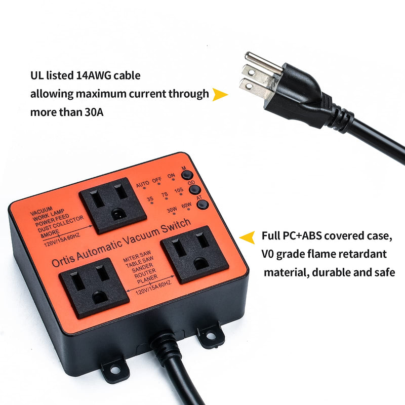 Automatic Vacuum Switch, Ortis Dust Control Autoswitch for More Power Tools, Delay Vacuum On/Off to Prevent Circuit Overload and Tripping, Adjustable Actuation Threshold