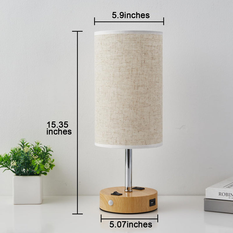Table Lamp with Motion Sensor or Constant on Mode, USB Lamp Include One LED Bulb, Built in 1 USB Port & 1AC Outlet, Bedside Lamp Idea for Bedroom, Hallway, Bath Room Beige