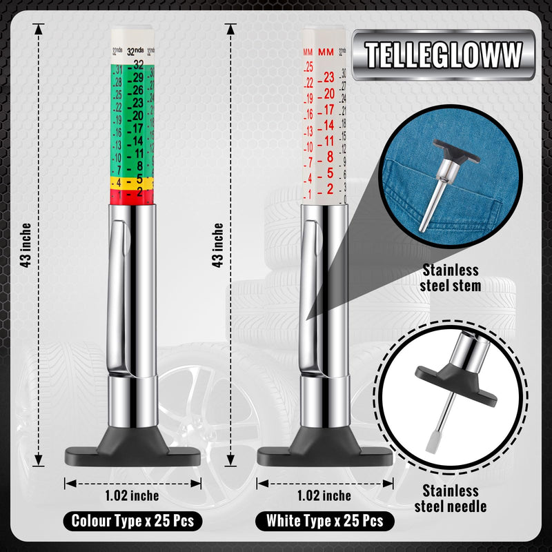 Tellegloww 50 Pcs Tire Tread Depth Gauge Color Coded Tyre Depth Gauge Tool Tread Accurate Measure Tools Metric Gauges for Car Trucks Various Vehicle (White and Green) White and Green