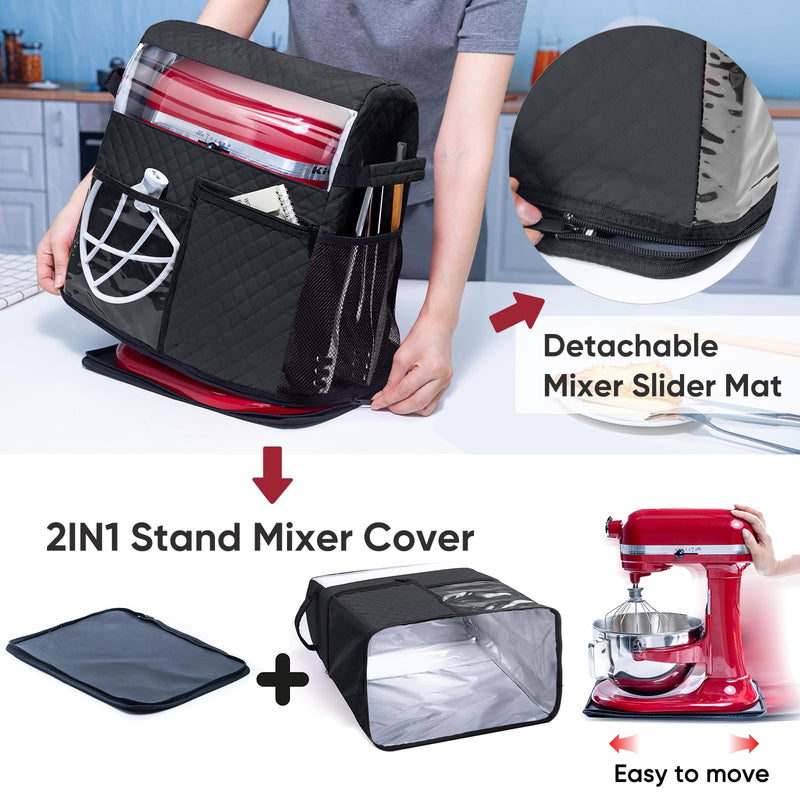 BAGSPRITE Stand Mixer Cover with Detachable Appliance Sliders Base Compatible with KitchenAid Mixer-Storage Bag for 6/7/8 Quart with Pockets for Kitchen Aid Accessories and Attachments Black Fit for 6 - 8 Quart