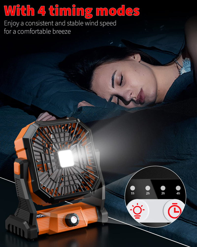 Portable Camping Fan,20000mAh Rechargeable Battery Powered Fan with LED Lantern, USB-C Battery Operated Fans,Ultra Quiet, for Outdoor Indoor Use,Travel, Tent,Beach, Picnic,Barbecue, Fishing,Home Orange