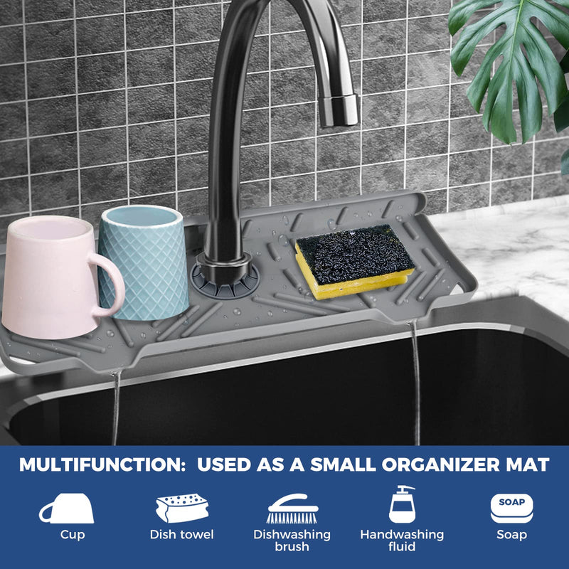 Silicone Faucet Handle Drip Catcher Tray Mat, Silicone Faucet Mat Dish Soap Sponge Holder for Kitchen Sink Accessories Gadgets, Drying Mat for Kitchen Counter Bathroom Kitchen Sink Splash Guard -Grey Grey(1Pack): 14.25"x5.35"