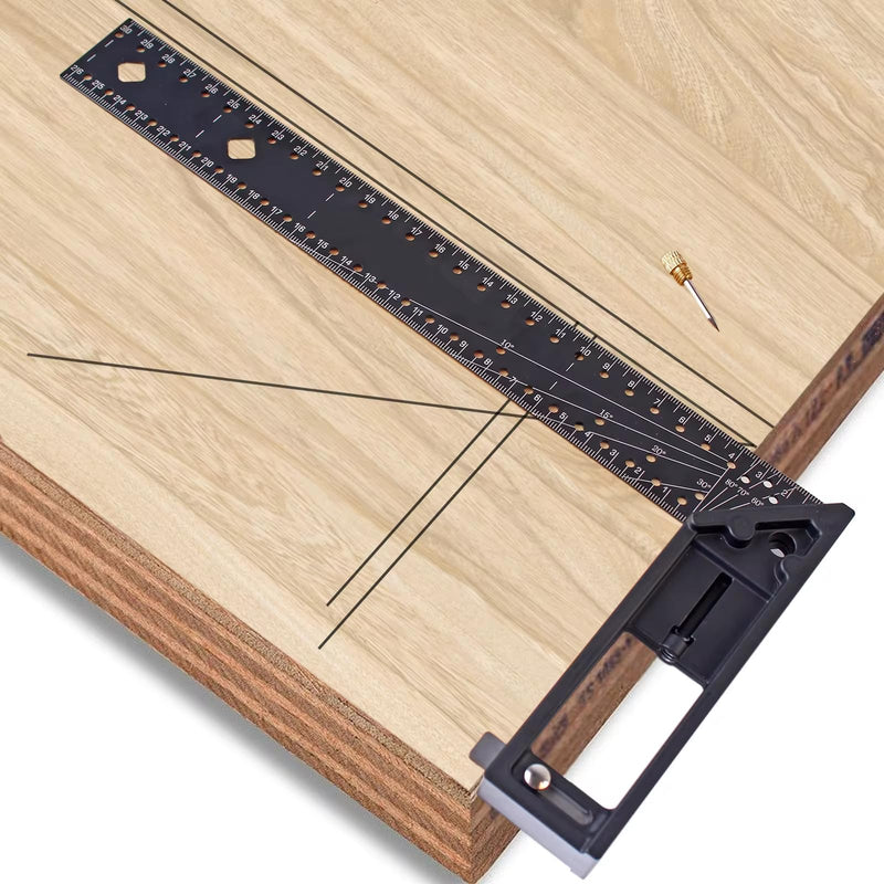 12 Inch Measuring Ruler, 45_90 Degree Hole Framing Carpenter Square Ruler, Multi-Angle Measuring Right Angle Ruler with Retractable Ledge and Scribe Mark Pin (Black)