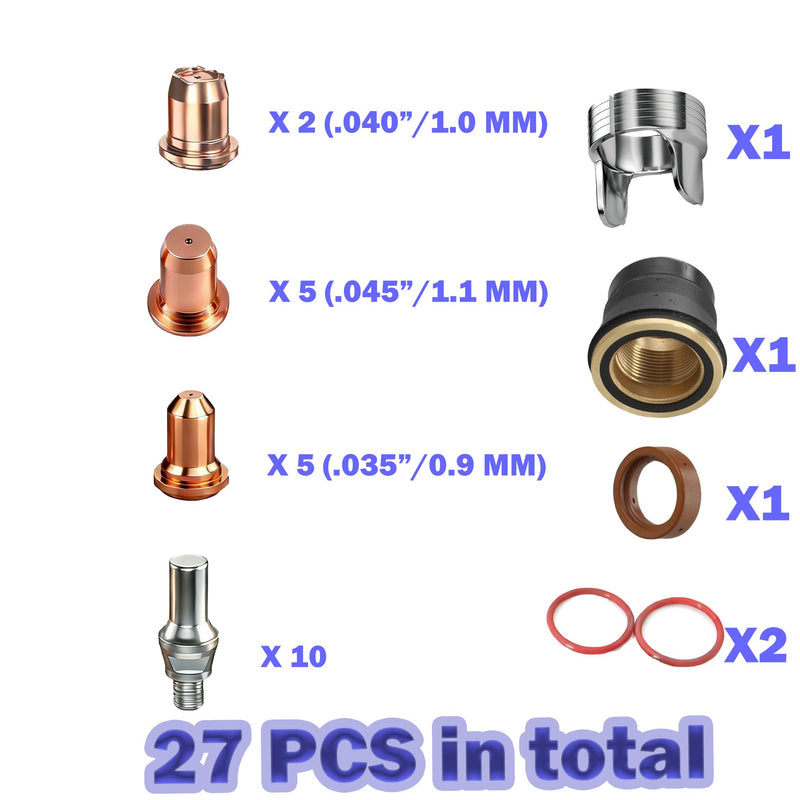 27pcs Plasma Cutter Torch Tip Consumables IPT-60 PT-60 IPT-40 PT40 0.9mm .035" /1.0mm .040" / 1.1mm .045" Electrode Shield Cap/Stand-off/Swirl Ring/O-Rings Plate Cutting/Grid Cutting/Gouging/Marking