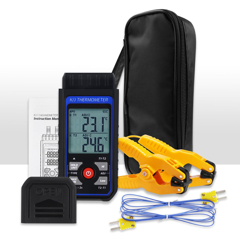 Dual-Channel Digital K J Type Thermocouple Thermometer Pipe Clamp Thermometer, -328°F~2501°F Measuring Range HVAC Temperature Meter with 2 Type K Pipe Clamps & 2 Thermocouples, Alarm, ADJ Compensation