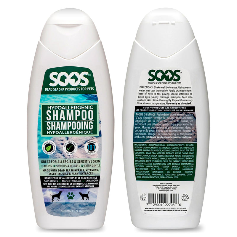 Soos Pet Dog Shampoo for Cats and Pets Hypoaller-genic Natural Dead Sea Minerals Fast Absorbing with Vitamins Essential Oils Natural Elements Antiba-cterial - 1x Pet Shampoo (500ml) - PawsPlanet Australia