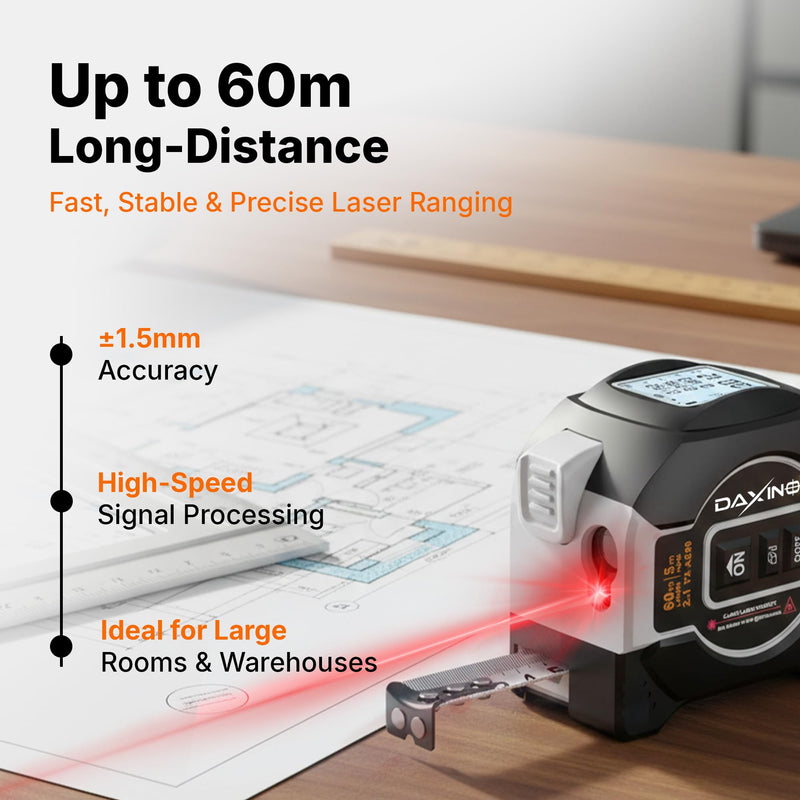 2 in 1 Digital Tape Measure - 196ft/60m Rechargeable Laser Tape Measure, 16ft/5m Physcial Measure | Distance, Area, Volume, Pythagorean Measurement I Data Storage (2 in 1 Tape Measure) 2 in 1 Digital Tape Measure