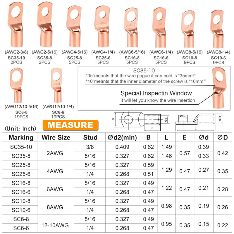 TKDMR 160Pcs Copper Wire Lugs AWG2 4 6 8 10 12 with Heat Shrink Set, 80Pcs Battery Cable Ends Ring Terminals Connectors Tubing Assortment Kit 10 Kind Sizes 160