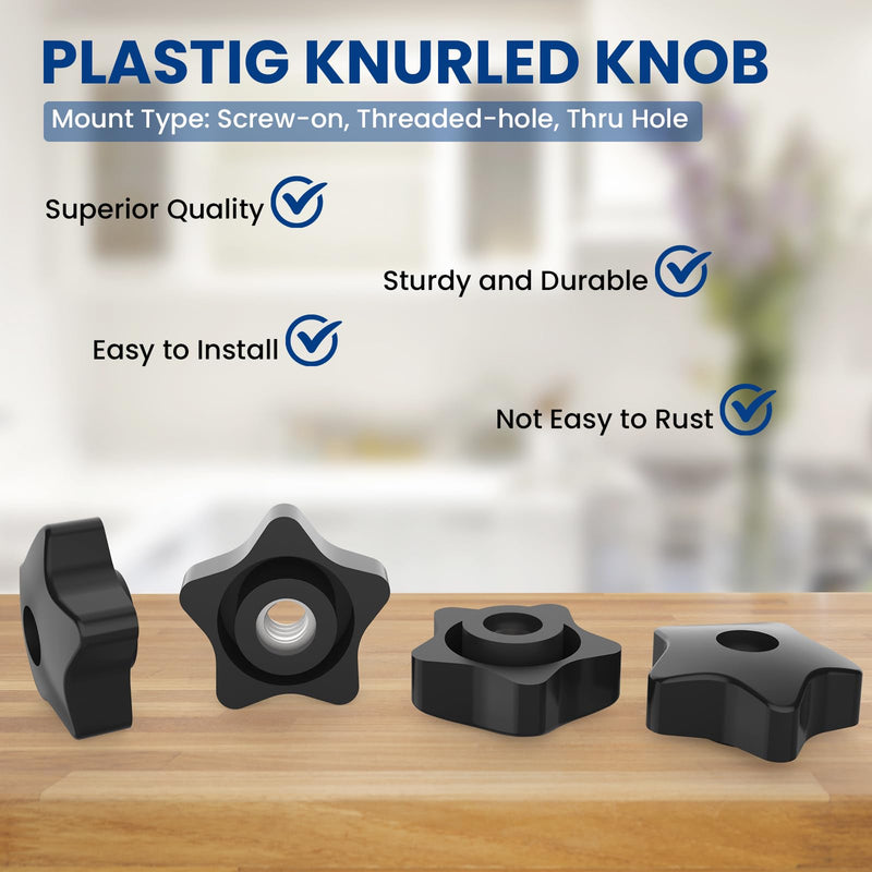 5/16-18 Thread Knob Nut, 6 Pack 5/16 Star Shape Hand Tighten Clamping Knobs Black Screw-On Nuts 5/16-18