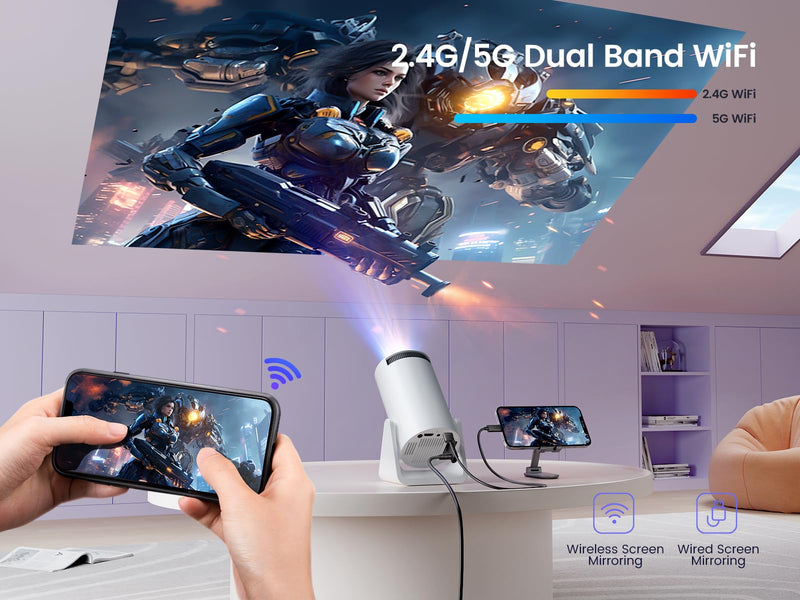 [Short Throw/Adjustable Stand]Mini projector with WiFi and Bluetooth, 2025 Upgrade Outdoor Portable Movie Projector 1080P, Auto Vertical Keystone, Home Projector for Phone/TV Stick, WiMiUS S27 (White) White