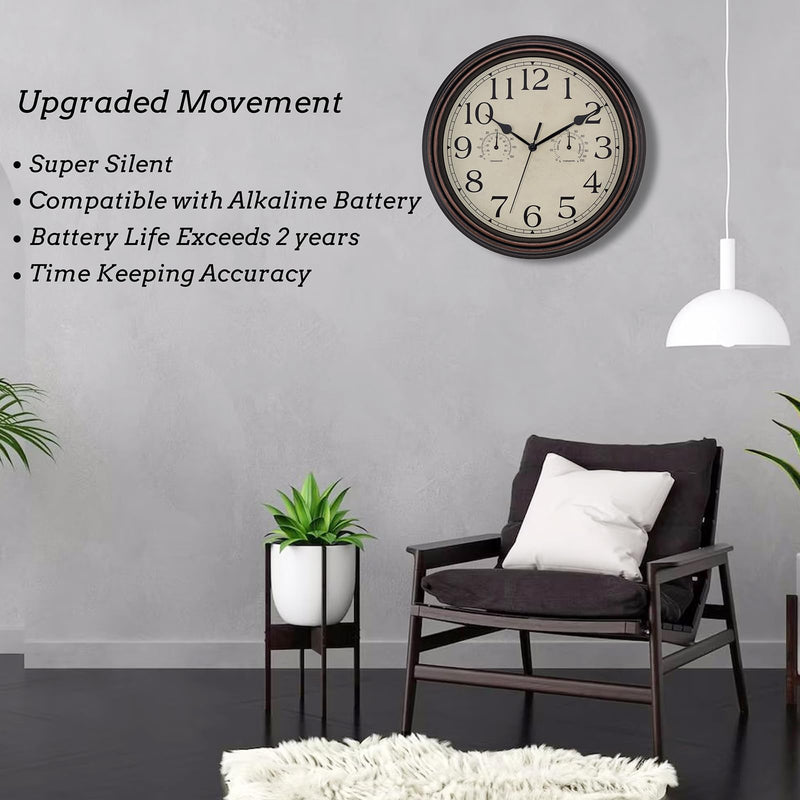 Foxtop Indoor Outdoor Waterproof Wall Clock with Thermometer and Hygrometer Combo, 14 Inch Retro Silent Non-Ticking Battery Operated Quartz Round Outdoor Clocks for Patio Home Office (Bronze) 14"bronze