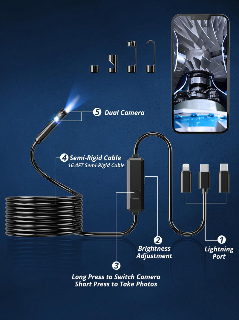 Endoscope Camera with Light, Dual-Lens 1920P HD Borescope with 8 Adjustable LED Lights, IP67 Waterproof Boroscope Inspection Camera Tools, 16.4ft Semi-Rigid Snake Camera for iOS & Android 16.4FT Snake Camera