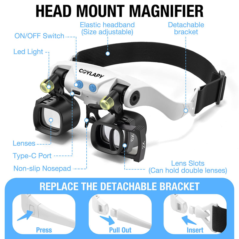 Magnifying Glasses for Close Work, Jewelers Magnifying Glass with Light & 5 Interchangeable Lens Pairs(2X 4X 6X 10x 13x), Headband Loupe Magnifier for Watch Repair,Crafts, w/Storage Case White