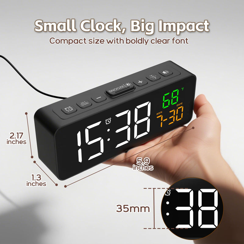Netzu 3-in-1 Digital Clocks for Living Room with Temperature, Date & Time Display - 4 Levels Birghtness, 3 Volumes, Small & Compact Plug-in Alarm Clock for Bedroom, Office (Black) Black