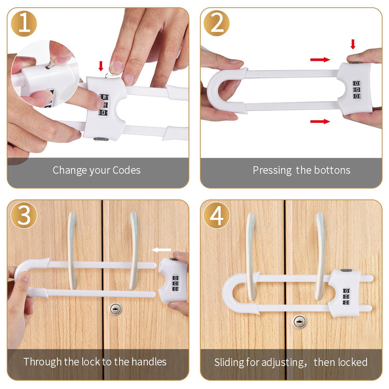 4 Pack U-Shaped Sliding Cabinet Locks Multifunctional Child Safety Lock Adjustable Baby Proof Clips for Home Cabinets Refrigerator Doors Cabinet Knobs and Window Handles (White) White