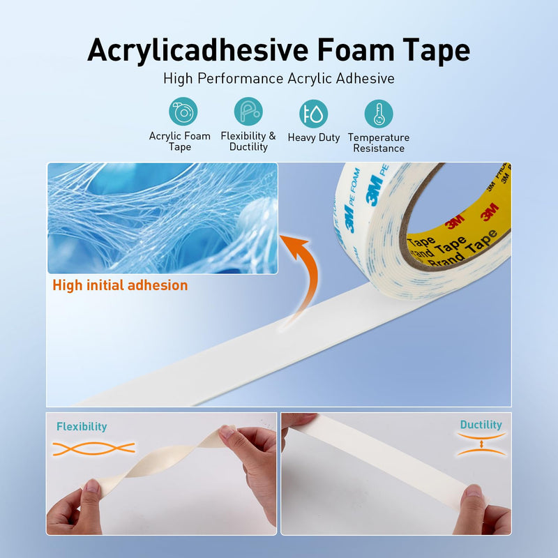 Double Sided Tape Strong Foam Tape 1/2" x 18Ft Made of 3M Heavy Duty Mounting Tape Waterproof PE Foam Adhesive Strips for Posters Alarm Sensors Window Shades and Other Home Office Deco