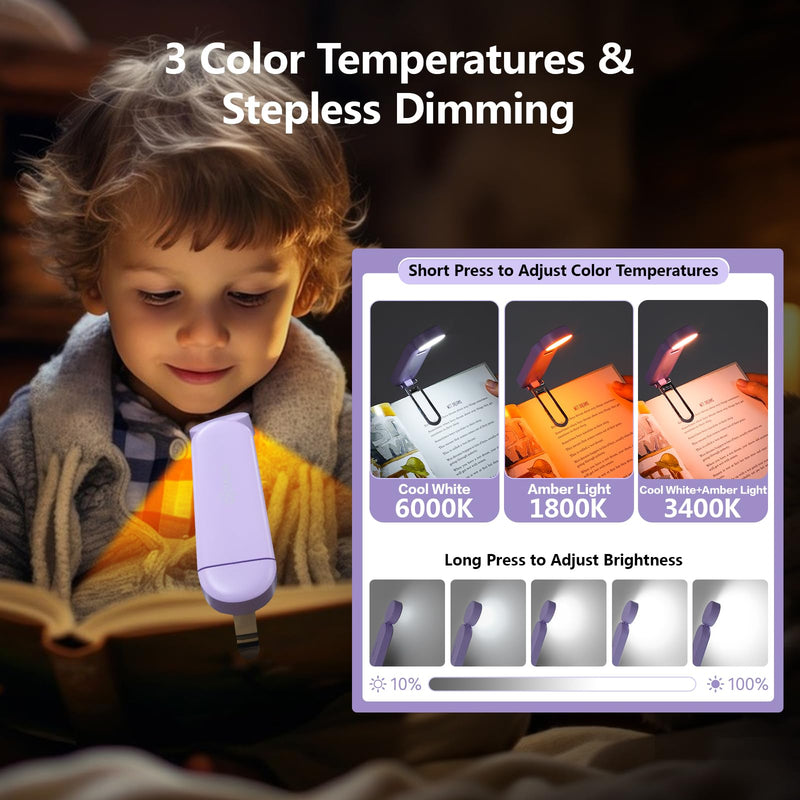 VAVOFO USB Rechargeable Book Light, Blue Light Blocking, Amber Light Clip On Bookmark Shaped Reading Light, Eye Care 6 LEDs Book Light for Bookworms Reading in Bed with 9 Lighting Modes (Purple) Purple