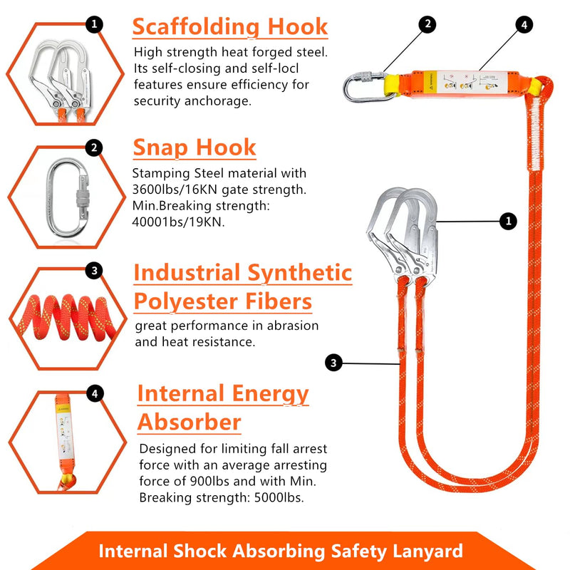 Full Body Safety Harness Tool Fall Protection，OSHA/ANSI Compliant,ASTM F1774certified | INTERNAL Shock Absorbing Lanyard（Orange）