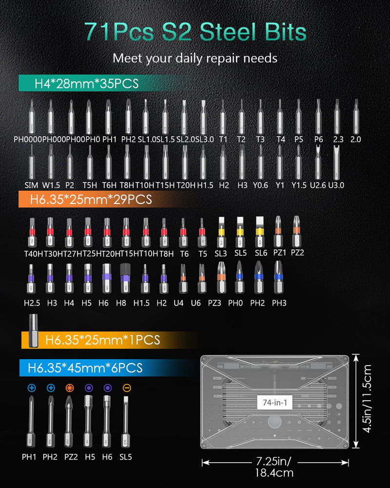 ORIA Ratchet Screwdriver Set, 74 in 1 Precision Repair Tool Kit for PC, DIY | 58-Tooth, 6.2° Ratchet Detachable Handle, 360° Rotatable Cap, 70 S2 Steel Bits, Strong Magnetic, for Installation, Repair