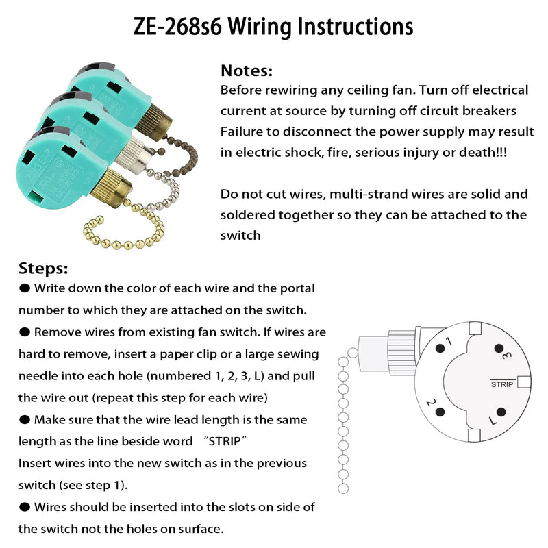 Ceiling Fan Switch ZE-268S6 3 Speed 4 Wire Bronze Zing Ear For Ceiling Light Fans Lamps and Wall Lights Pull Chain Switch Replacement On-Off with Pull Chain,1 Pack