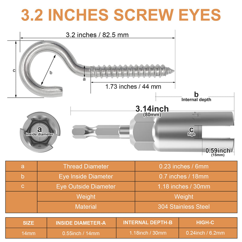 304 Stainless Steel Screw-in Hooks, Metal Hooks, Heavy-Duty Screw Eye Hooks, Wood Terminal Ring Eye Hooks,Christmas Lighting Hook. (14 pcs +1 pcs 1/4" hex Shank Wing nut Driver) M6 14 pcs +1 pcs 1/4" hex shank wing nut driver