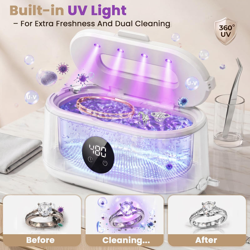 Ultrasonic Jewelry Cleaner, 50kHz Ultrasonic Cleaner Machine for Jewelry, Eyeglass, Retainers,Watch Strap, Rings,420ml 304 Stainless Steel Tank, 5 Timer Modes & LED Digital Display (White) White