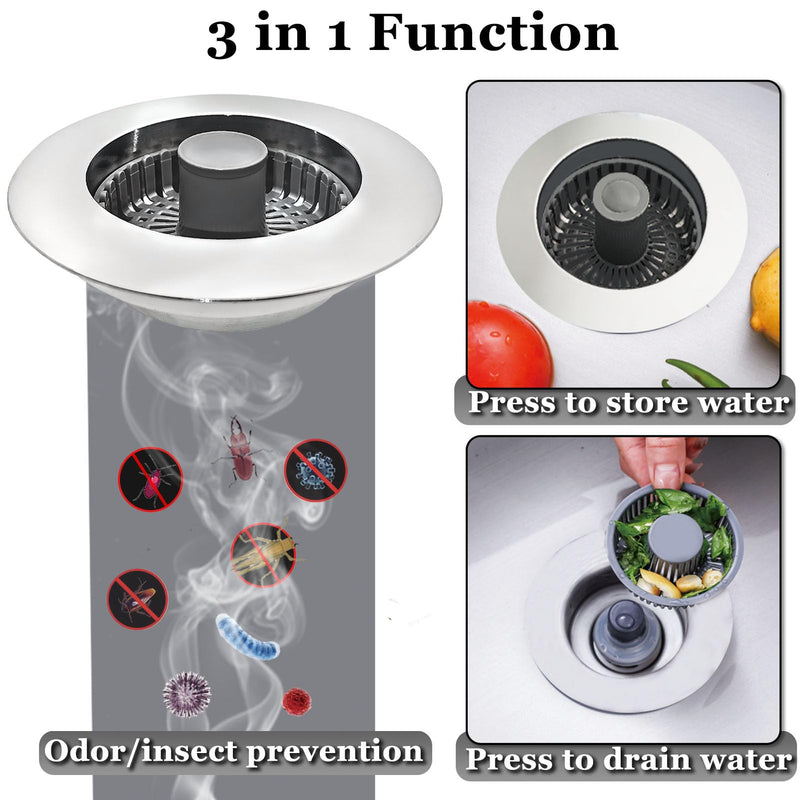 3 in 1 Kitchen Sink Stopper, Pop Up Kitchen Sink Drain Strainer, with An Extra Basket Strainer, Kitchen Sink Drain Stopper for US Standard 3-1/2 Inch, Brass Material Electroplate Silver