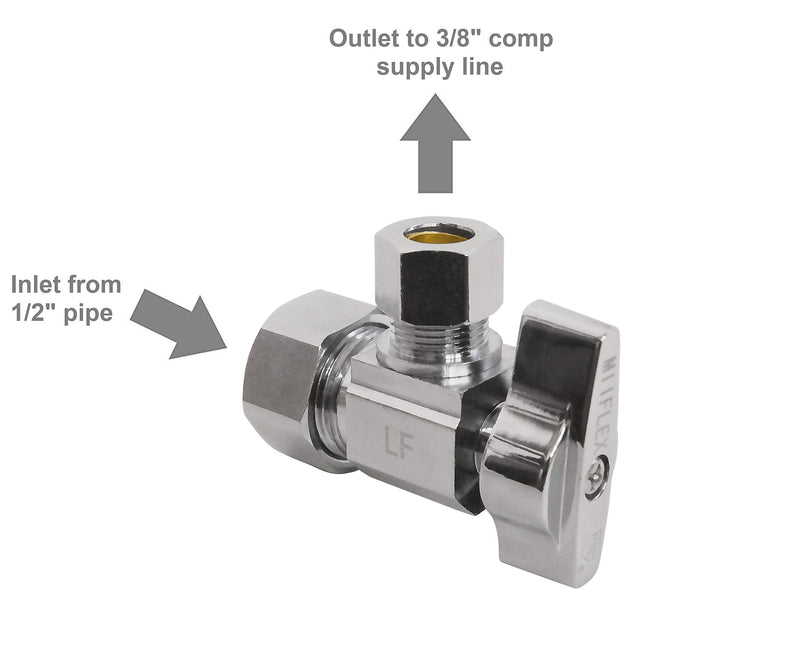 Heavy Duty 1/4 Quarter Turn Angle Shut Off Valve Squared Body 1/2 in. NOM Comp Inlet x 3/8 in. OD Compression Outlet Chrome Plated Brass (5 Pack) 5 1/2" NOM In x 3/8" COMP Out