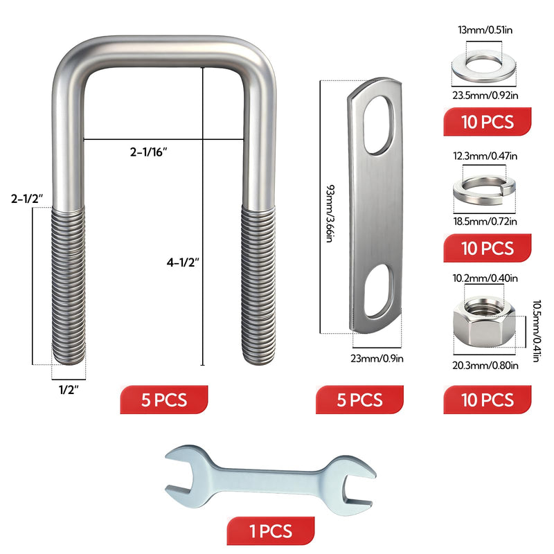 5Sets M12 Thread Heavy Duty Square U-Bolts, 4-1/2" L x 2-1/16" W, 304 Stainless Steel U-Bolts with Bolt Plate Washers Nuts and Wrench 5