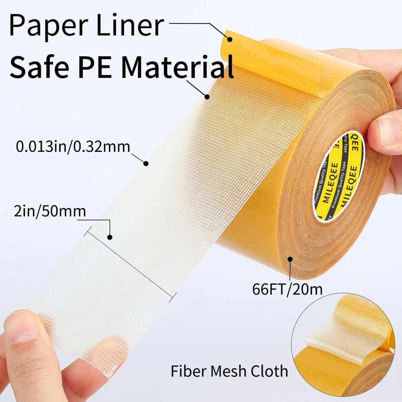 2Pack Double Sided Tape Heavy Duty, 2in x 66FT (132FT Total), Super Sticky Resistente Clear Tape, Universal High Tack Strong Wall Adhesive with Fiberglass Mesh,Easy Use Mounting Tape 2 Pack,Each 2" x 66FT