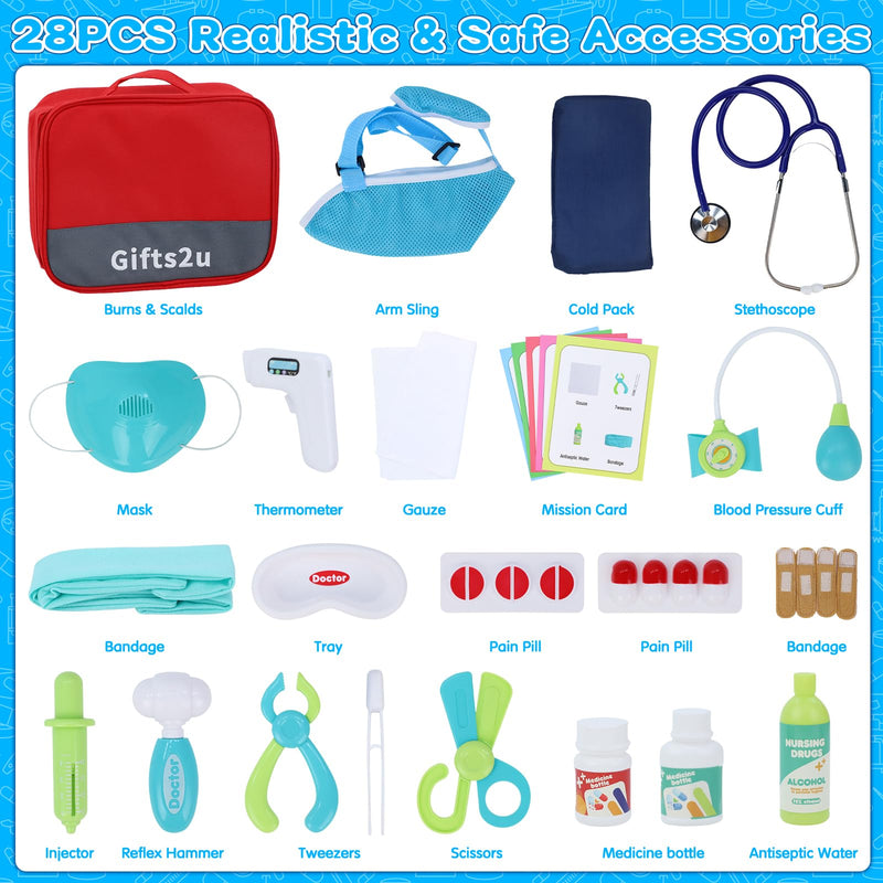 Gifts2U Kids First-Aid Kit Toy, 28-Piece Pretend Play Doctors Kit for Kids with Real Stethoscope and Storage Bag, Educational Medical Set Realistic Role Play Toy, Doctor Gift for Girls Boys Ages 3+