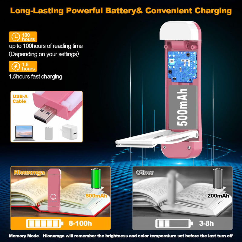 Book Reading Light,Silent Touch Book Lamp for Reading in Bed,Rechargeable Clip on Booklight with 3 Amber Colors & 7 LEDs Precise Dimming for Eye Caring Night Reading,Book Lovers,Kids,Pink Pink