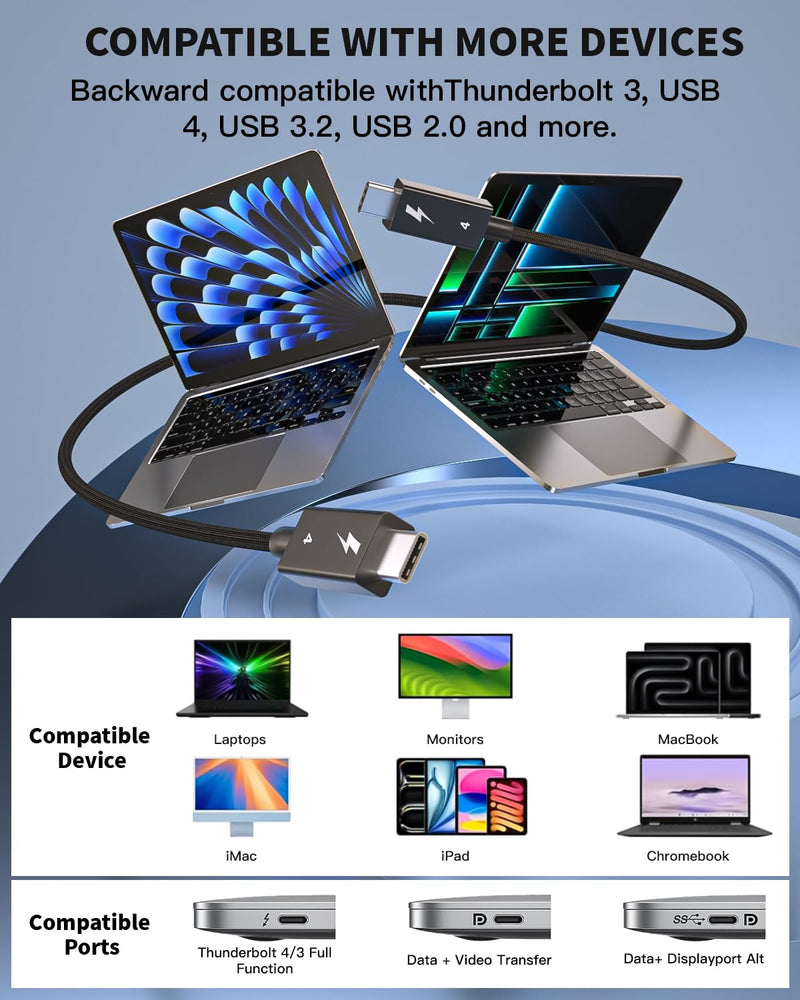 Thunderbolt 4 Cable, [40Gbps Data Transfer]Long USB C Cable 2M/6.6FT, 8K/4K 60Hz Video & 240W PD 3.1 Fast Charging, Active USB Braided Cable Cord Compatible with Thunderbolt 3/USB 4/MacBook Pro/iPhone