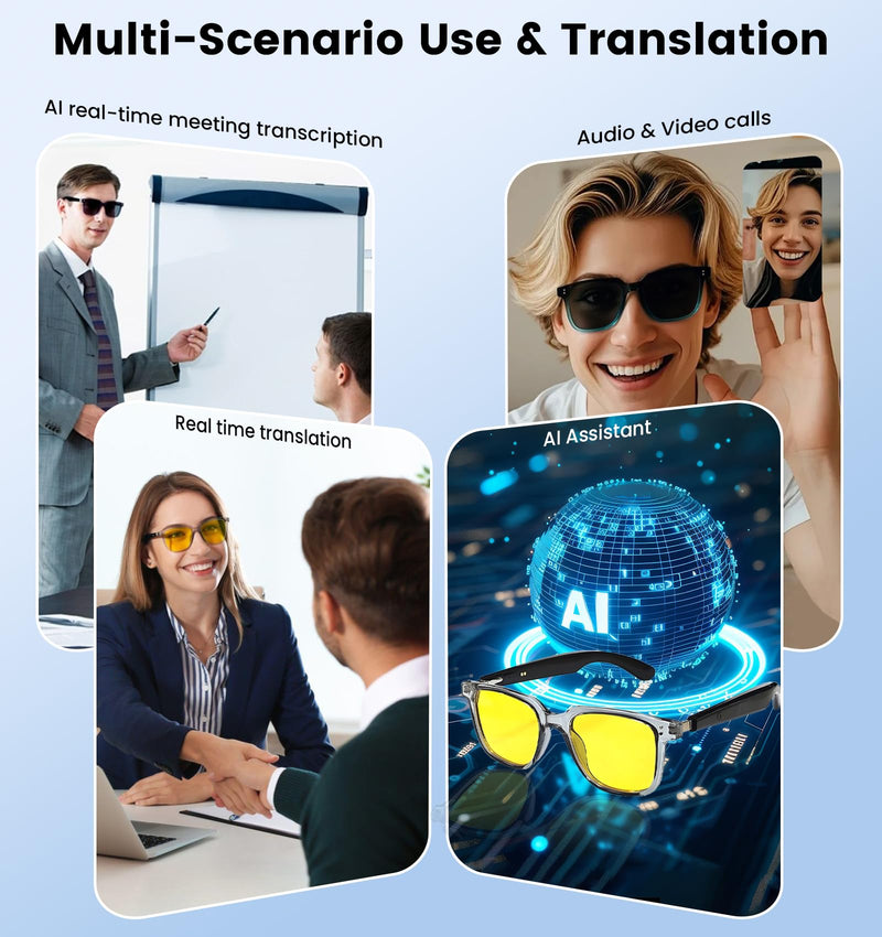 AI Translation Smart Glasses with Chat GPT&Night Vision Enhancement,Bluetooth 5.4 Glasses with 100 Languages ,Blue Light Blocking,Multifunctional for Women & Men,Travel, Business & Night Driving Yellow Lens - NewNest Australia