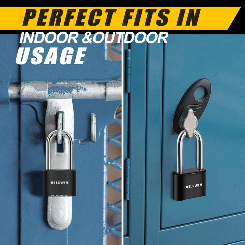 DELSWIN Combination Lock Outdoor Padlock - Weatherproof Extended 2-1/2 in. Long Shackle Combination Padlock for Gate, Shed, Trailers, and Sports Lockers(Black,2Pcs) Charcoal Black 2 Pieces