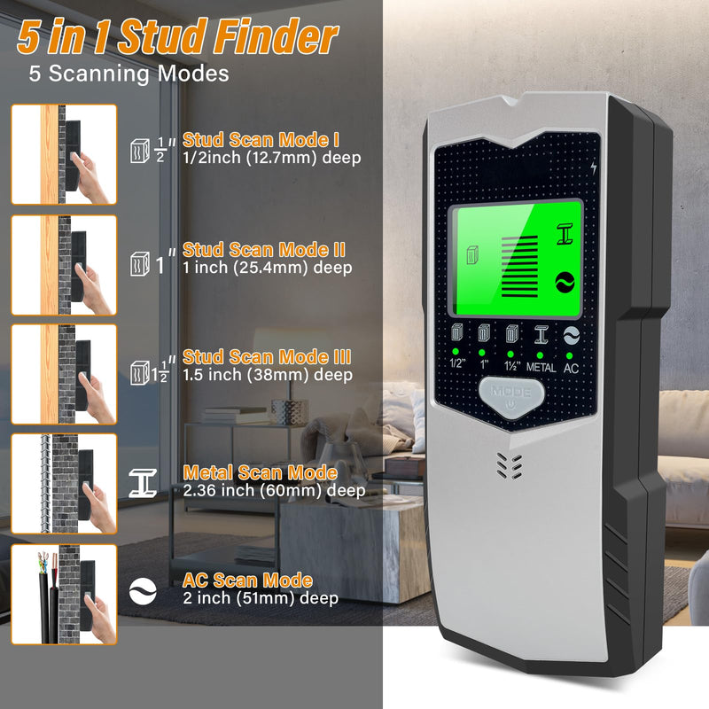 Stud Finder Wall Scanner, 5 in 1 Multifunctional Wall Detector Scanner with Upgraded Smart Sensor, HD LCD Display & Audio Alarm for the Center and Edge of Wood, Metal, AC Wire & Studs Pipe Detection