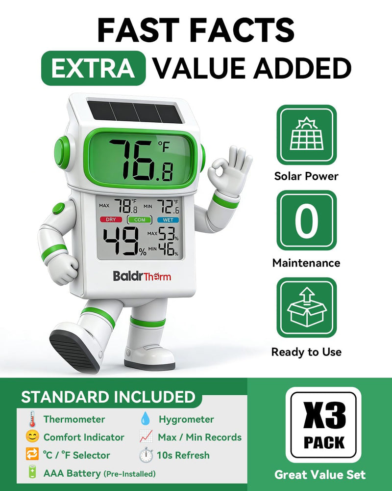 BALDR Solar Indoor Thermometer Hygrometer, Max/Min, Comfort Meter (3 Pack) White 3 Pack