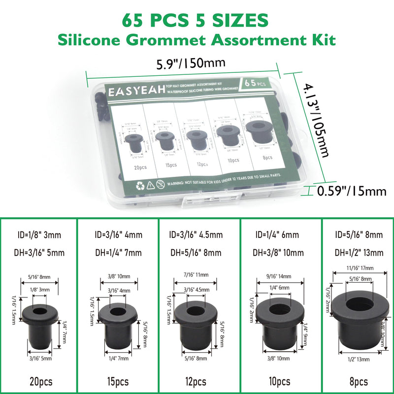 65 Pack Top Hat Rubber Grommets for Wiring Assortment Kit Waterproof Wire Grommets Automotive, Firewall Silicone Plug for Holes, Vinyl Tubing in Hydroponic and Irrigation Systems, 5 Sizes #5 sizes, 65 pcs