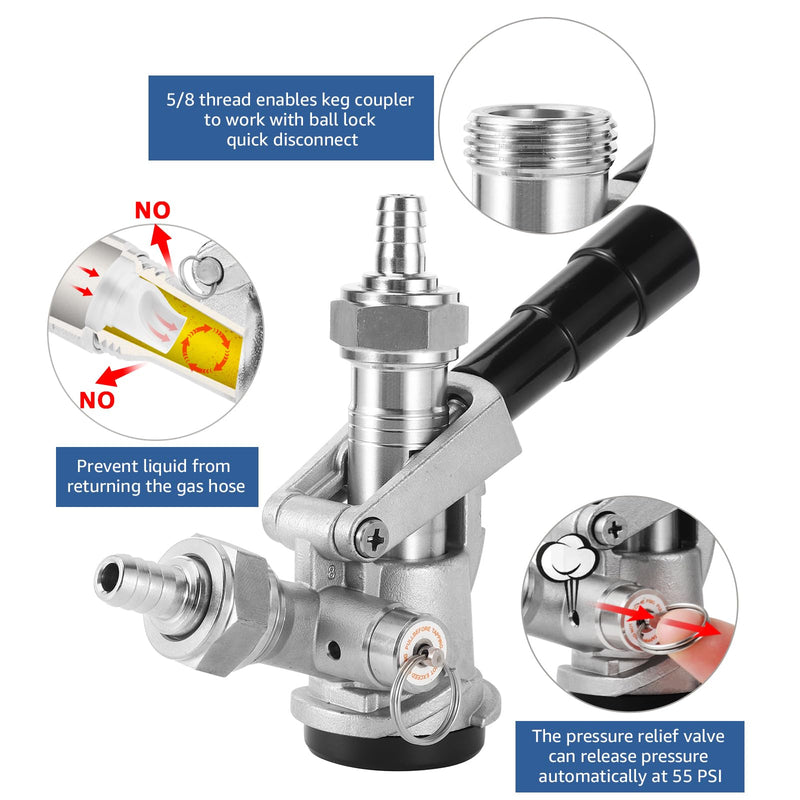 All 304 Stainless Steel Keg Coupler - Sankey D System Beer Keg Tap Dispenser for ID 5/16" Beer Line CO2 Tubing, Kegerator Tap with 2 Hose Clamp, Kegerator Replacement Parts, Kegerator Accessories All Stainless Steel
