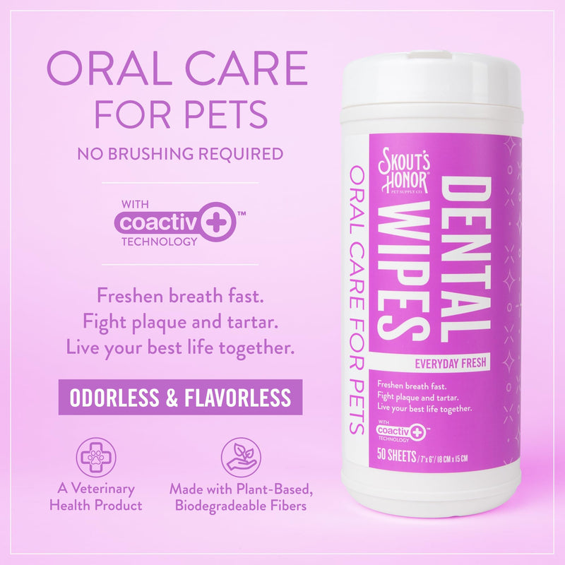 SKOUT'S HONOR Pet Dental Wipes - Fights Plaque and Tartar, Freshens Breath Fast, No Brushing Required, 50 Sheets Dental Wipes- Flavorless - PawsPlanet Australia