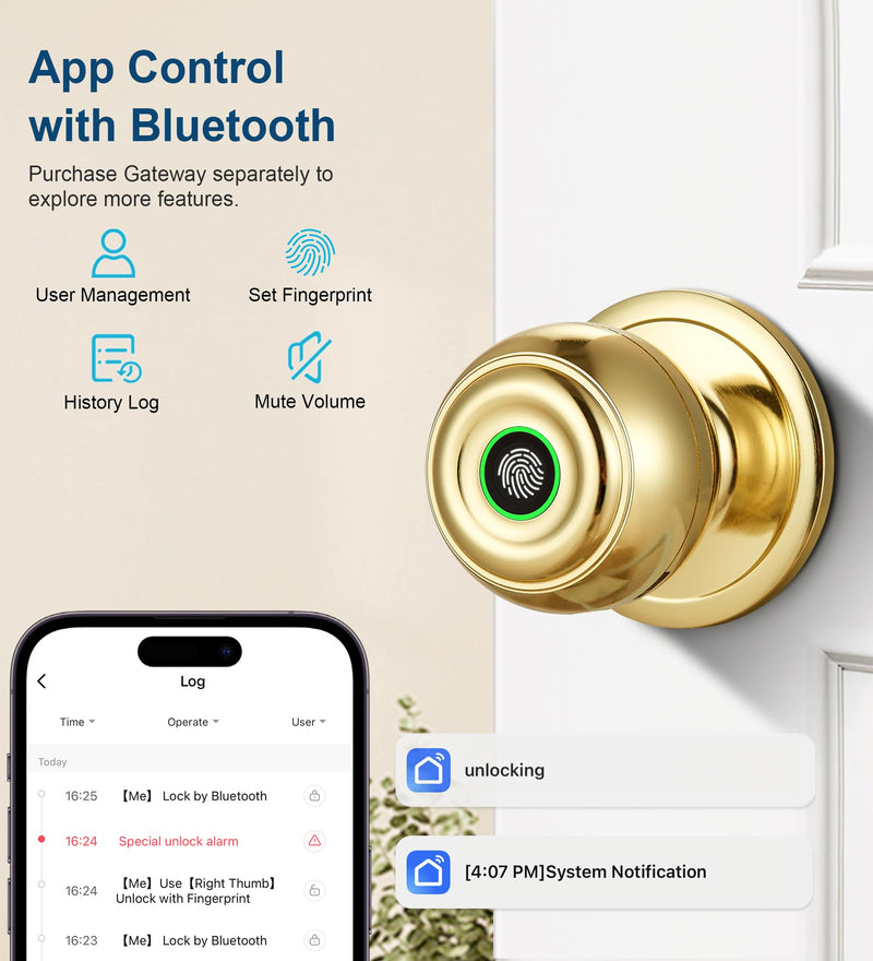 Fingerprint Door Lock, Smart Fingerprint Door Knob with Lock, Biometric Door Lock with App Control & Key, Keyless Thumbprint Entry Door Lock for Bedroom, Front Door, Home, Apartment Office-Satin Brass