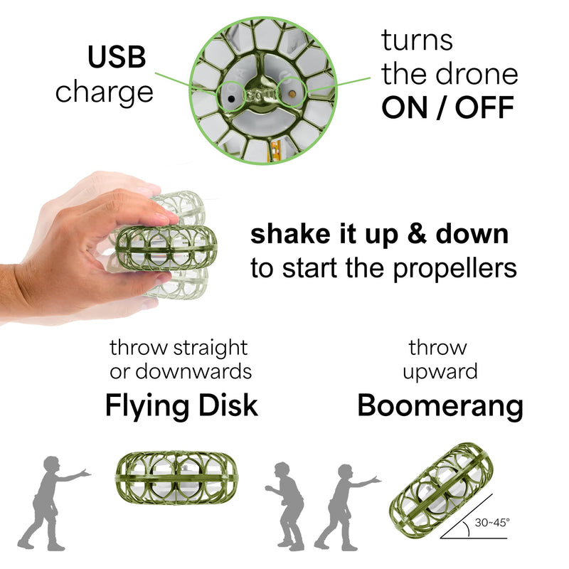 NUTTY TOYS Interactive Drone - Hand Operated Light Up Boomerang for Kids & Adults | Easy Shake to Start Flying UFO | Top Easter & Valentines Day Gift Idea 2025 for Boys & Teens 8 9 10 11 12 13 14 15 Army Green