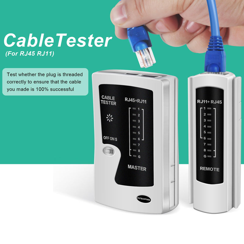 PETECHTOOL RJ45 Crimp Tool Pass Through Ethernet Crimping Tool Kit Cat6 Cat5e Cat6a RJ45 Crimper with Cable Tester, Cat6 Connectors with RJ45 Boot Covers, Mini Stripper, Blades and Cable Ties Crimper Kit