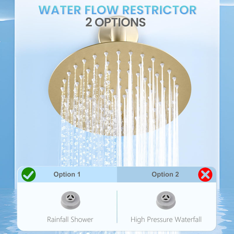 Brushed Gold Round Rainfall Shower Head, All Metal Stainless Steel Rain Shower Heads with 90 Anti-Clog Silicone Nozzles, Wall or Ceiling Mount, 8 inch Brushed Gold