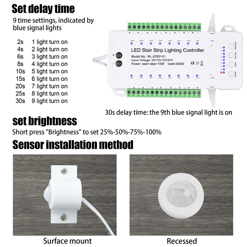 16 Channel LED Motion Sensor Stair Light Controller Automatic Stairway LED Controller Light Step Lighting Controller System Speed Brightness Adjustable (16 Channels) 16 Channels